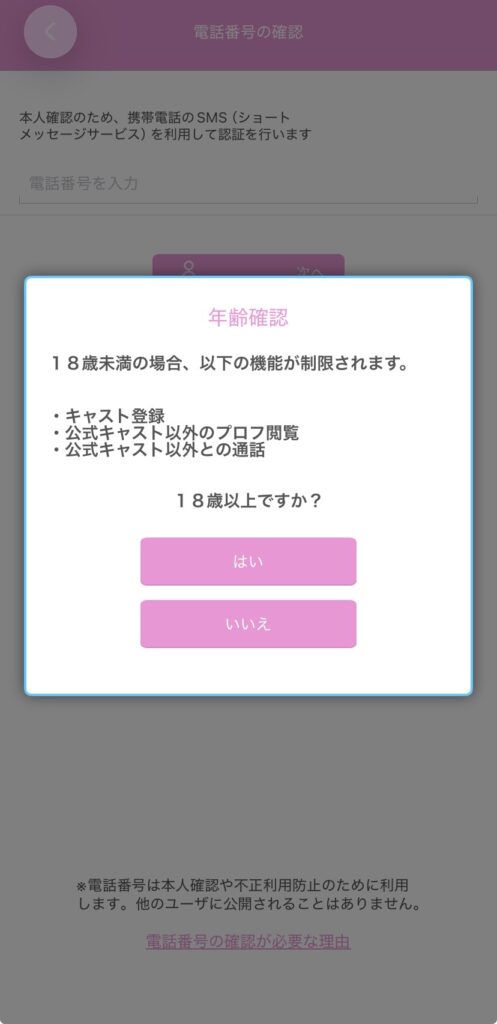 ぷるるの年齢確認画面（スクリーンショット）